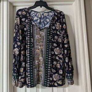 3/$23 Westport dress top Green and Navy pattern long sleeve Petite Large